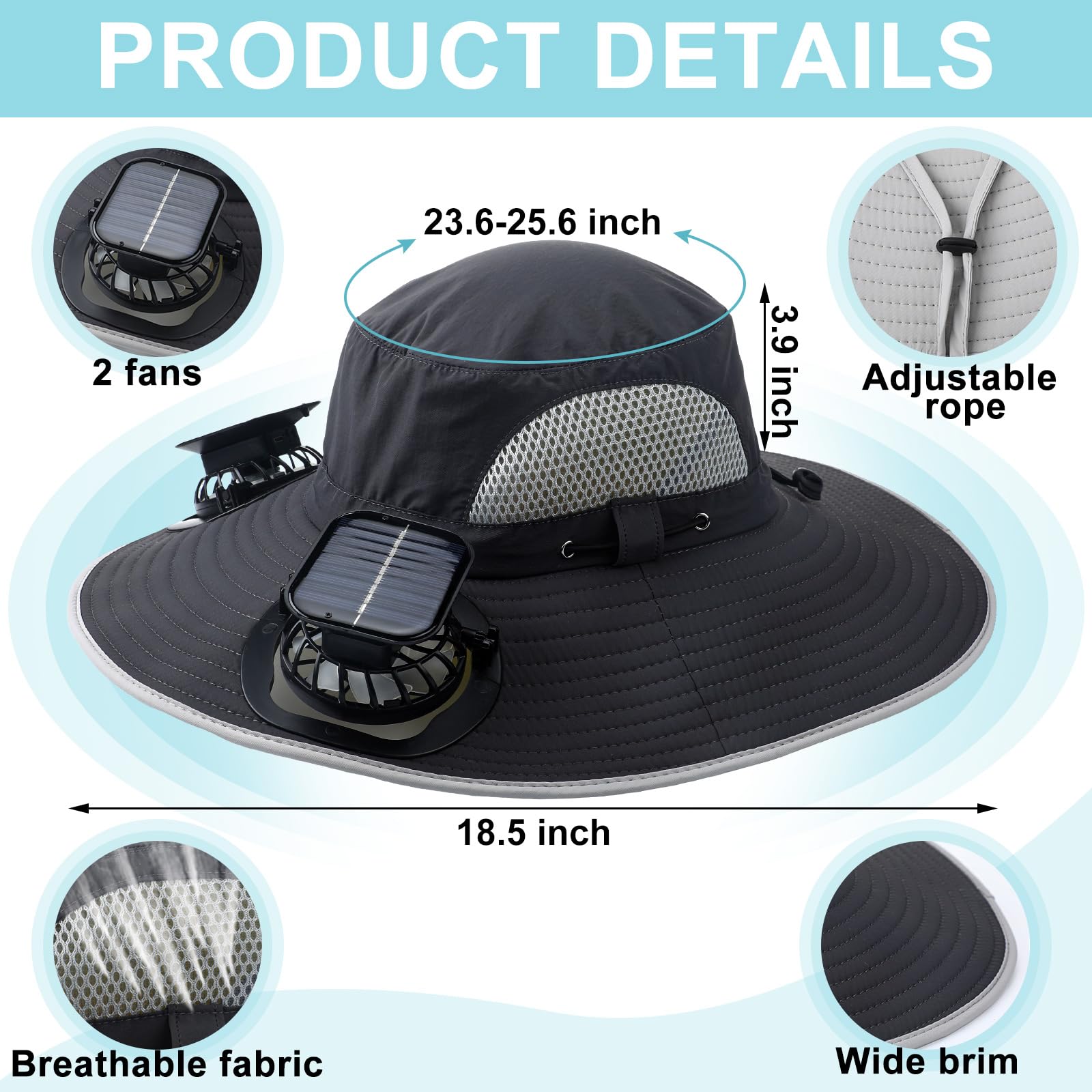Glitopper solar fan cap closeup demonstrates built-in blades for cooling on hot days.