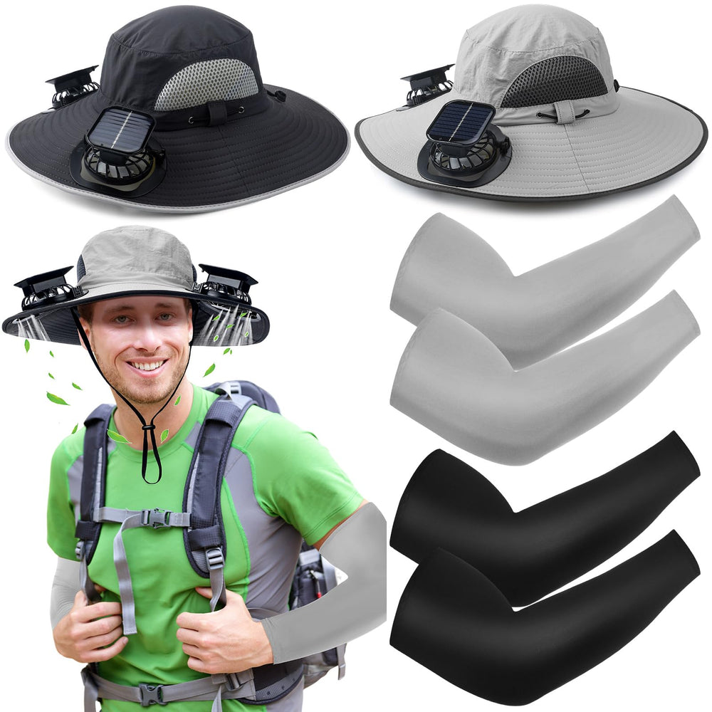 Glitopper solar fan hat front view with dual cooling fans for outdoor cooling.