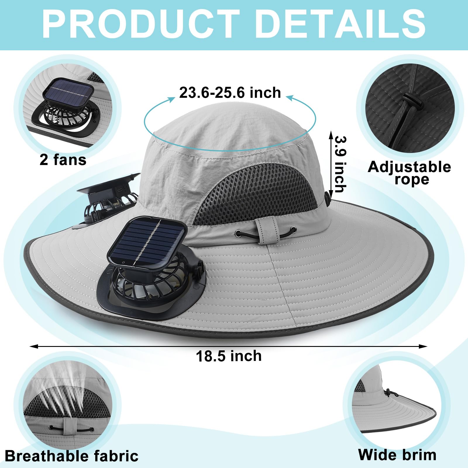 Glitopper solar fan hat side view highlighting wide brim sun protection for all-day shade.