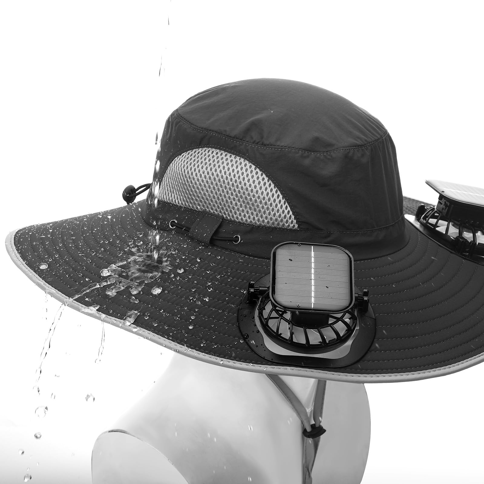 USB charging port on solar fan hat with batteries included