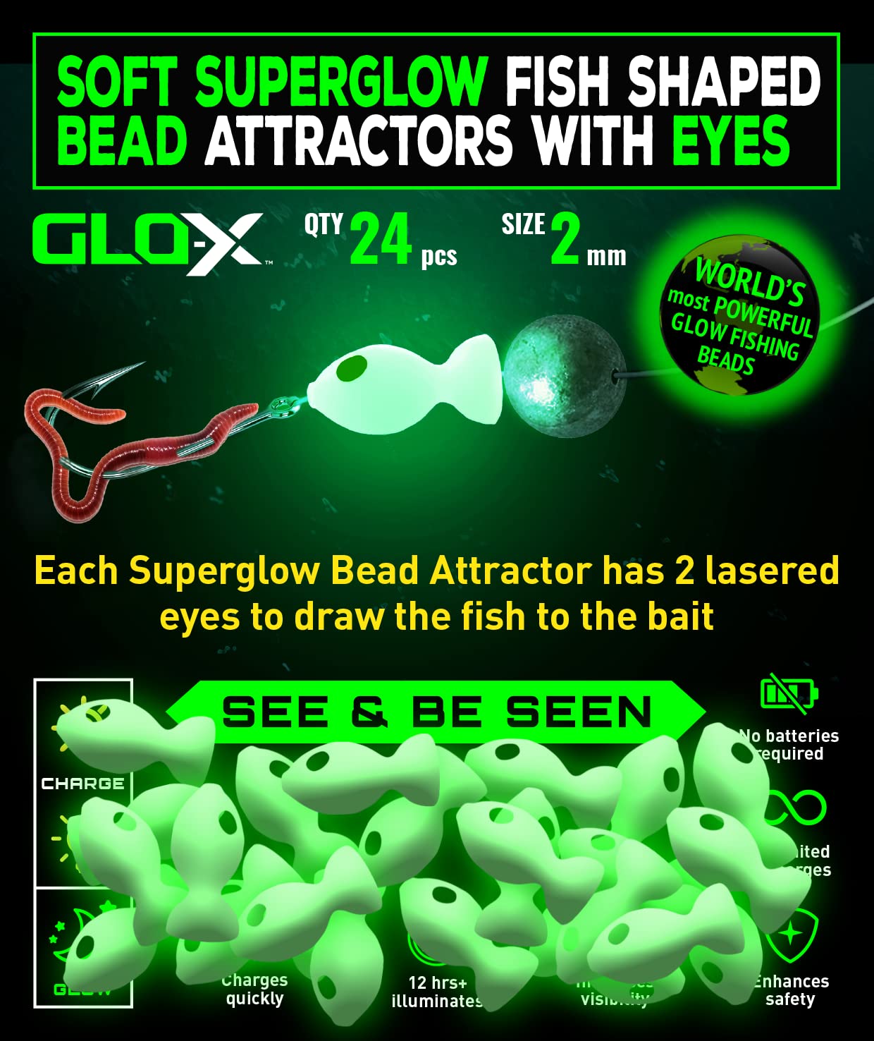 GLO-X 24pcs glow lure beads with fish-shaped body and eyes