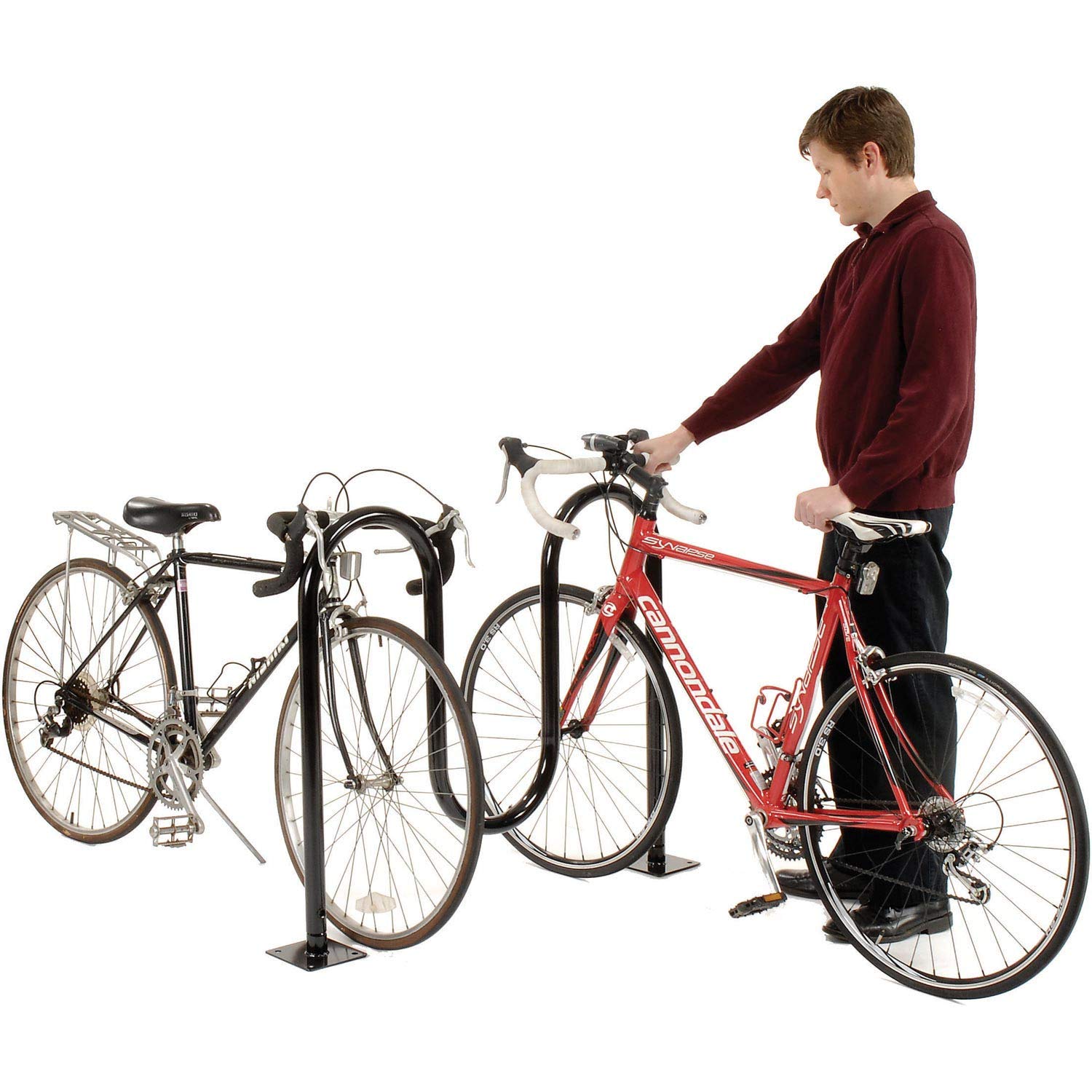 Global Industrial 41-inch Wave Bike Rack in-store setting for neat parking
