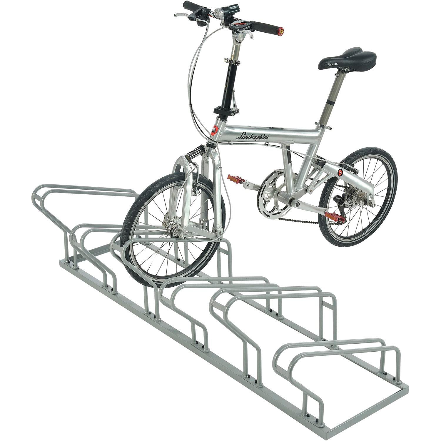 Global Industrial low-profile bike rack front view supports 6 bikes in alternating brackets for secure parking