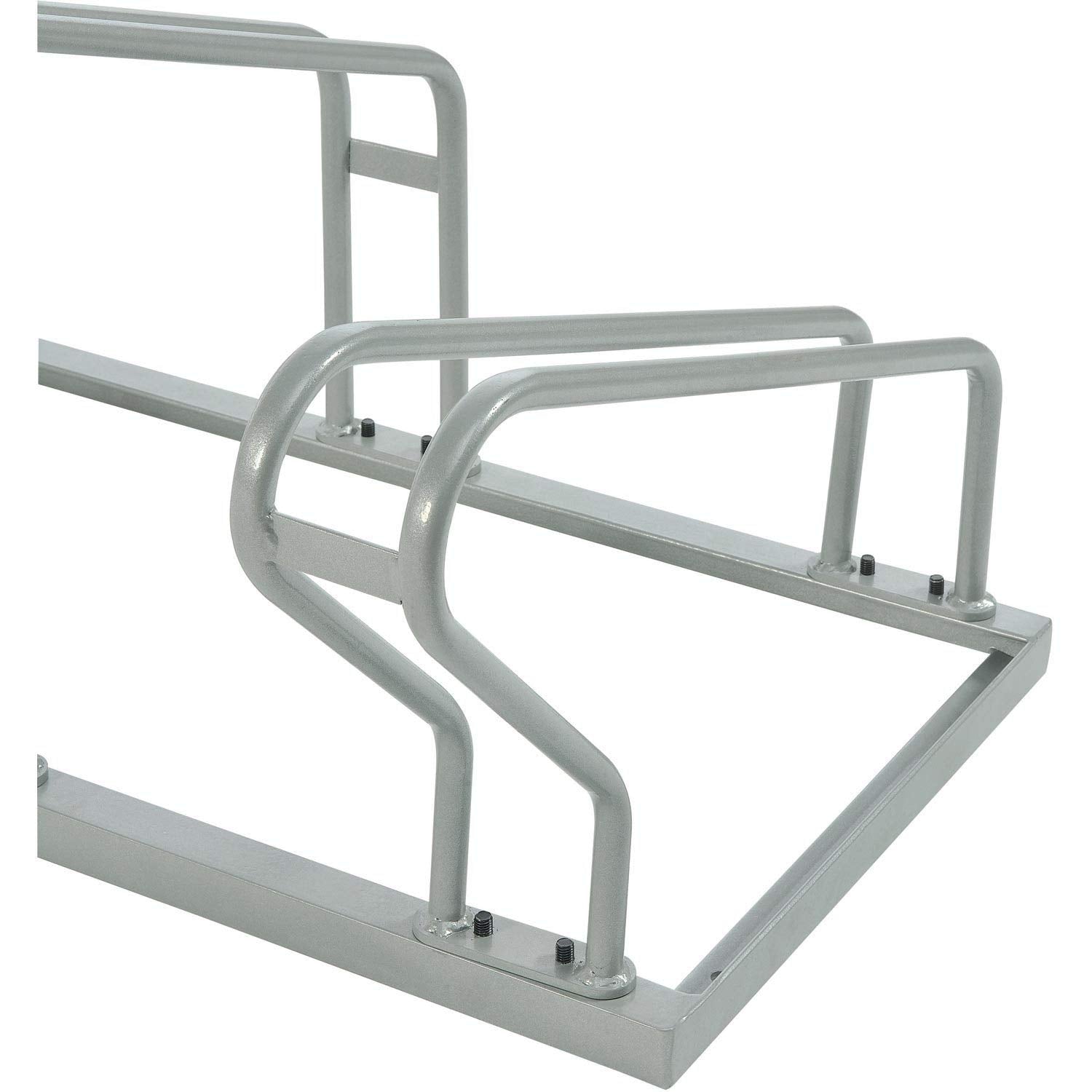 Global Industrial low-profile bike rack mounting holes demonstrate flexible ground installation options