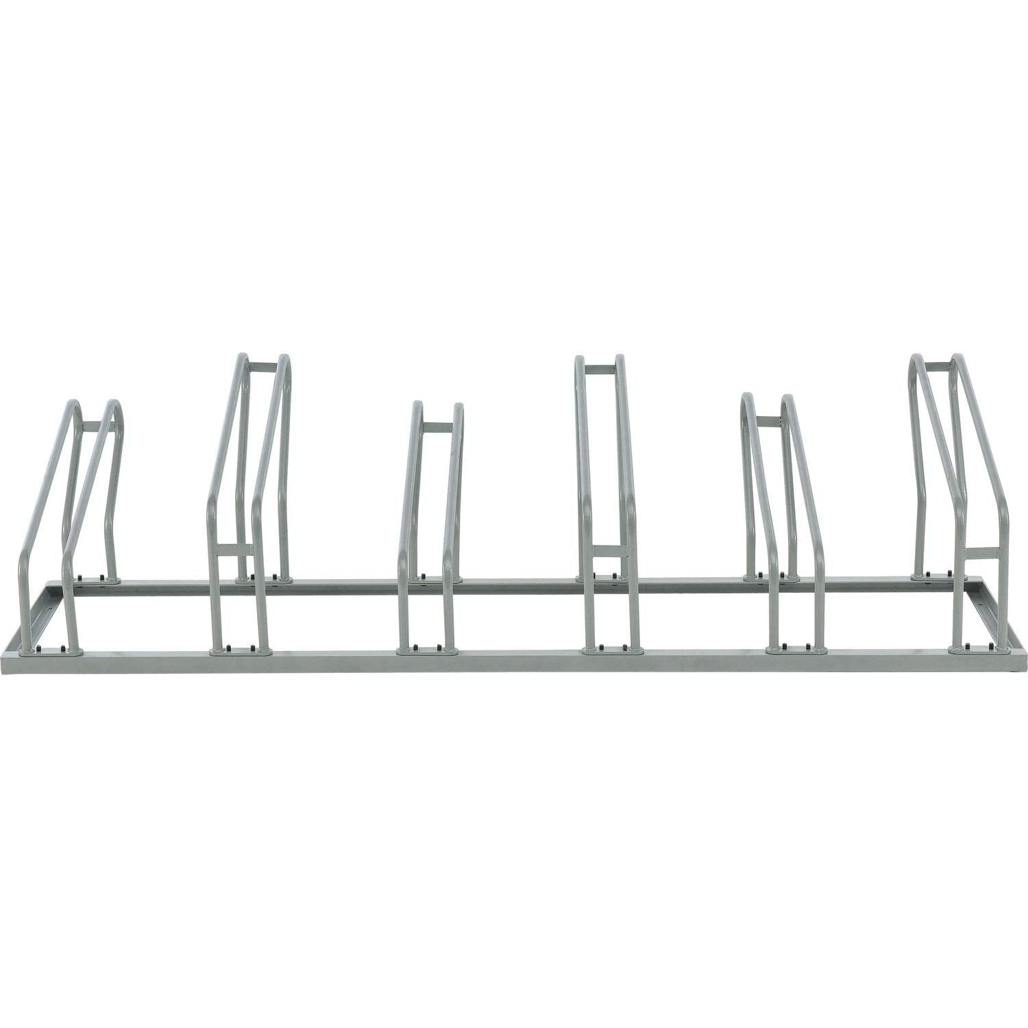 Global Industrial low-profile bike rack side view illustrating compact footprint for tight spaces