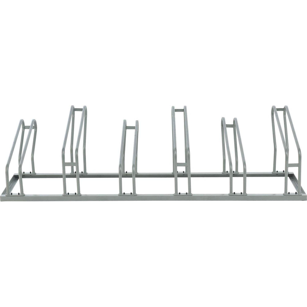 Global Industrial low-profile bike rack side view illustrating compact footprint for tight spaces