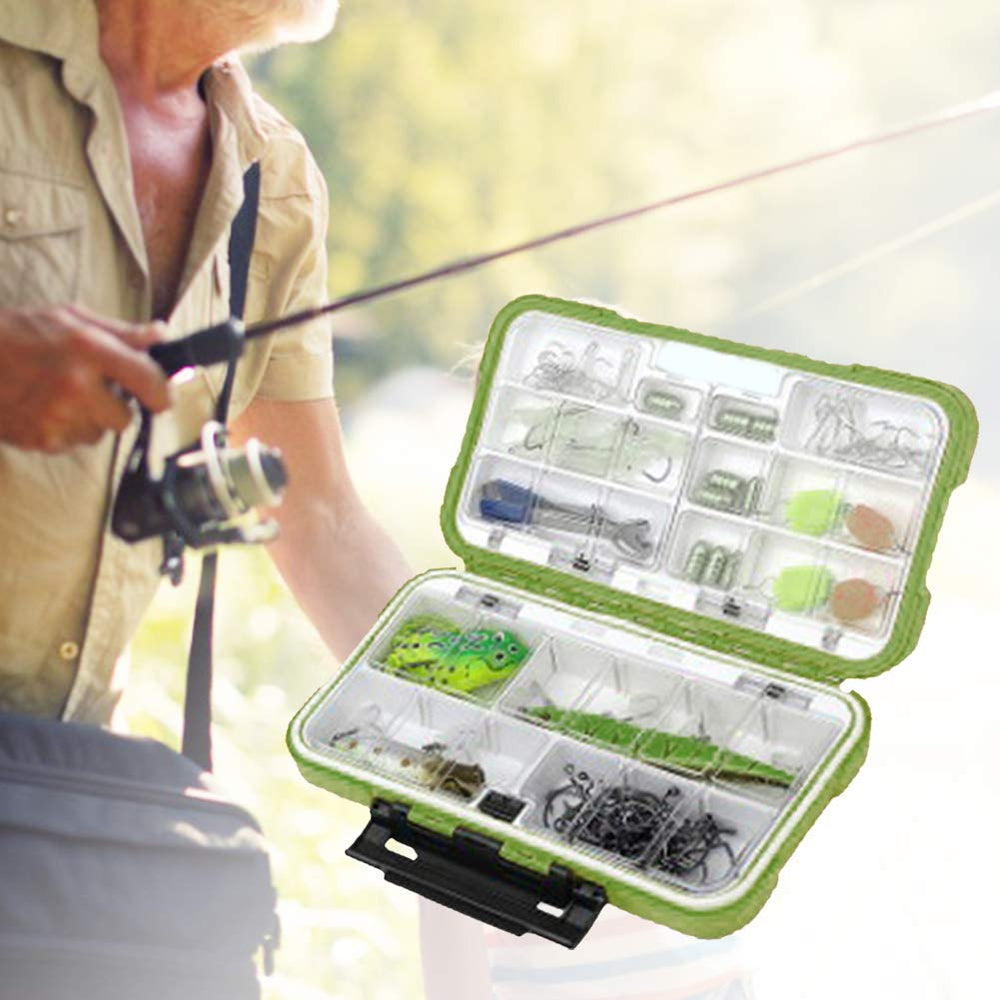 GLOGLOW ABS tackle box features organized compartments for lures, hooks, and lines.