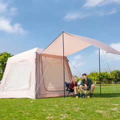 Glonerle 2-4 person blow-up tent with awning providing generous shelter for family camping.