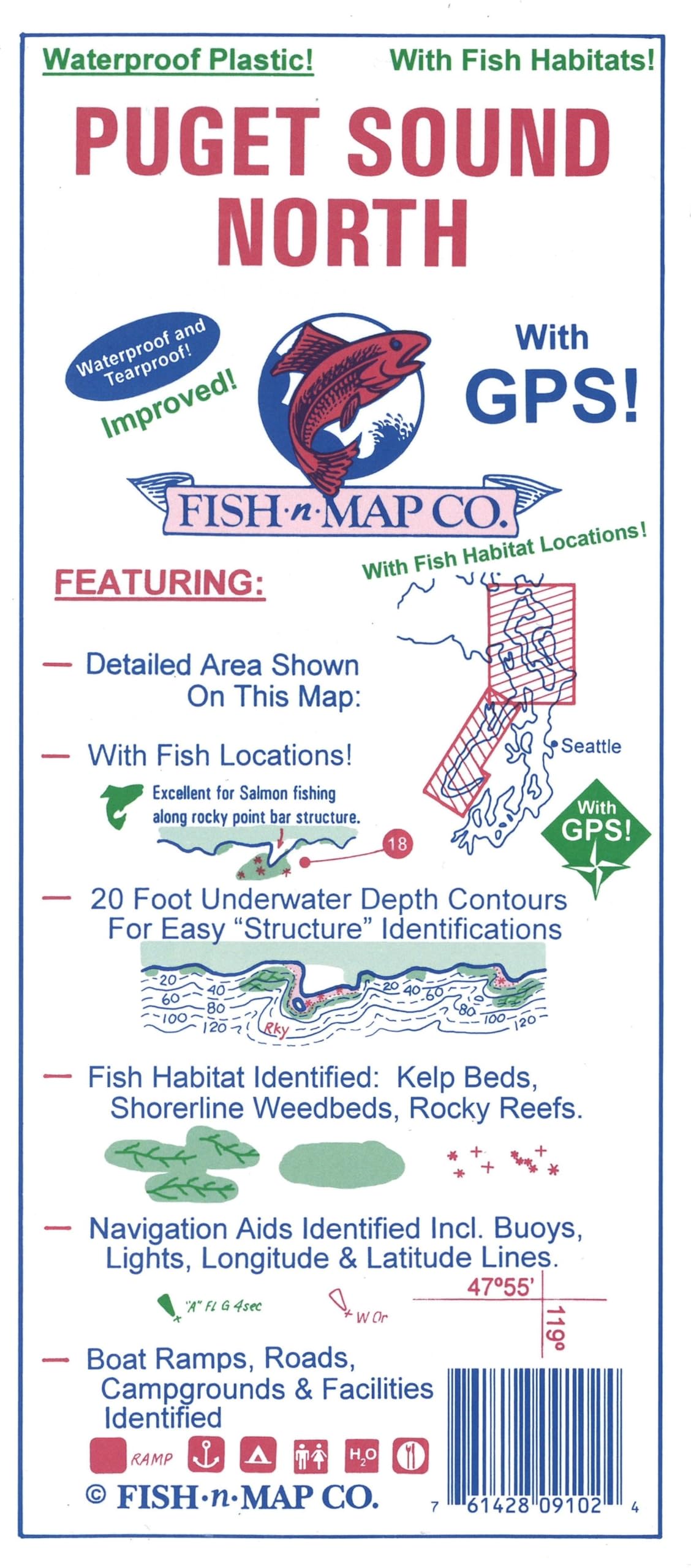 Gloney FISH-N-MAP Puget Sound North map aids smarter trip planning.