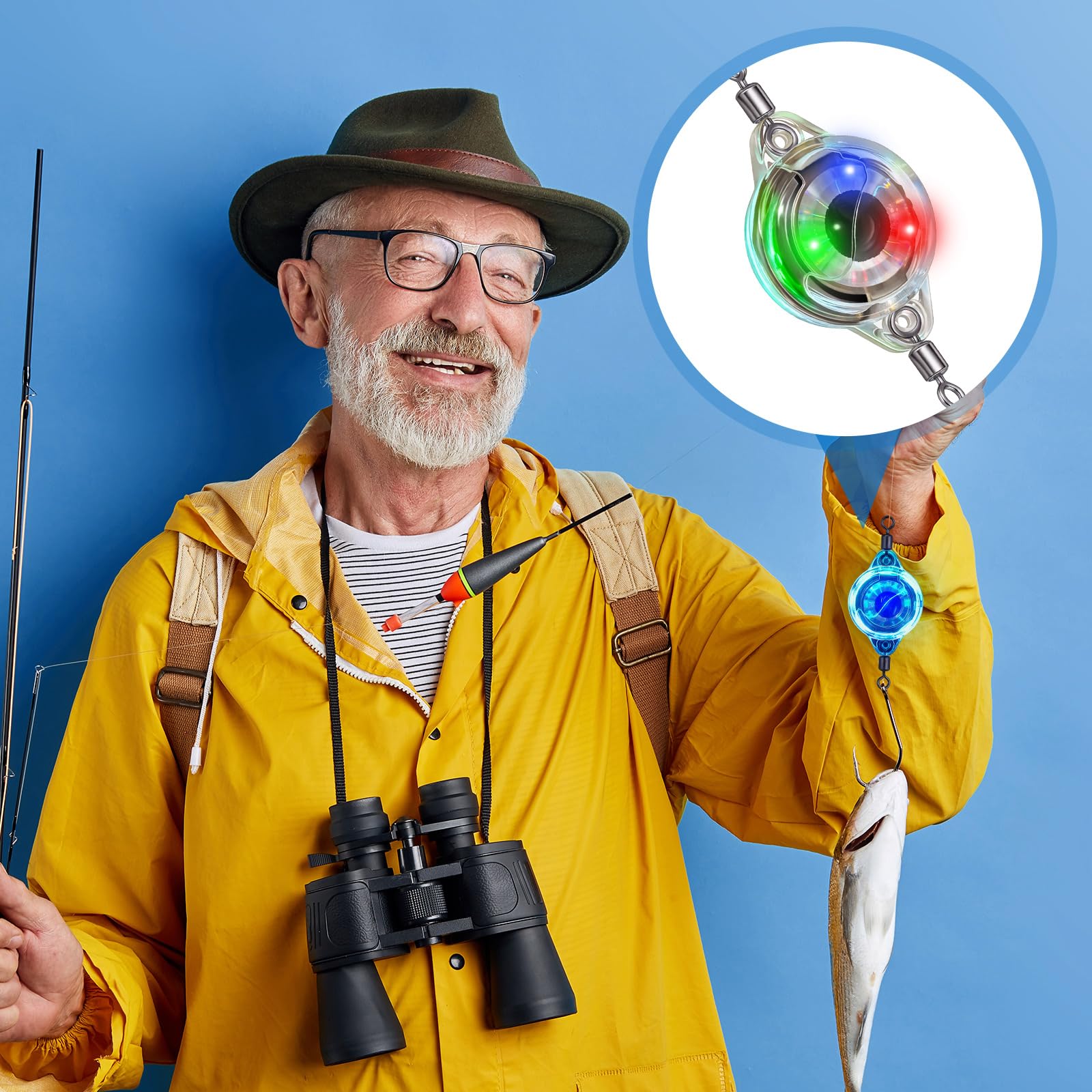 Underwater fishing lights glowing at depth with red, green, and white LEDs