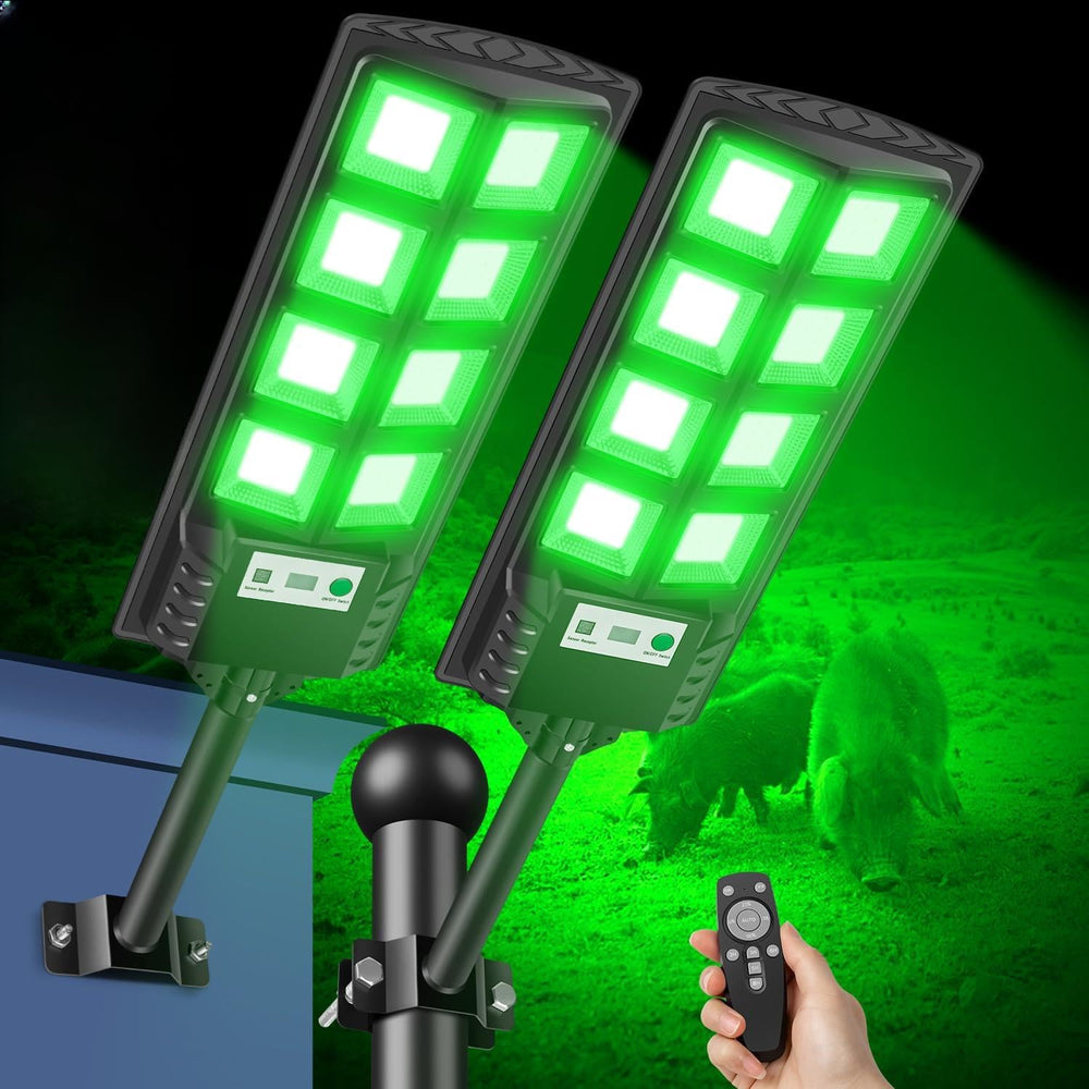 GLOPHOK Solar Hog Lights 12000lm green light illuminate wide area for night hunting visibility.