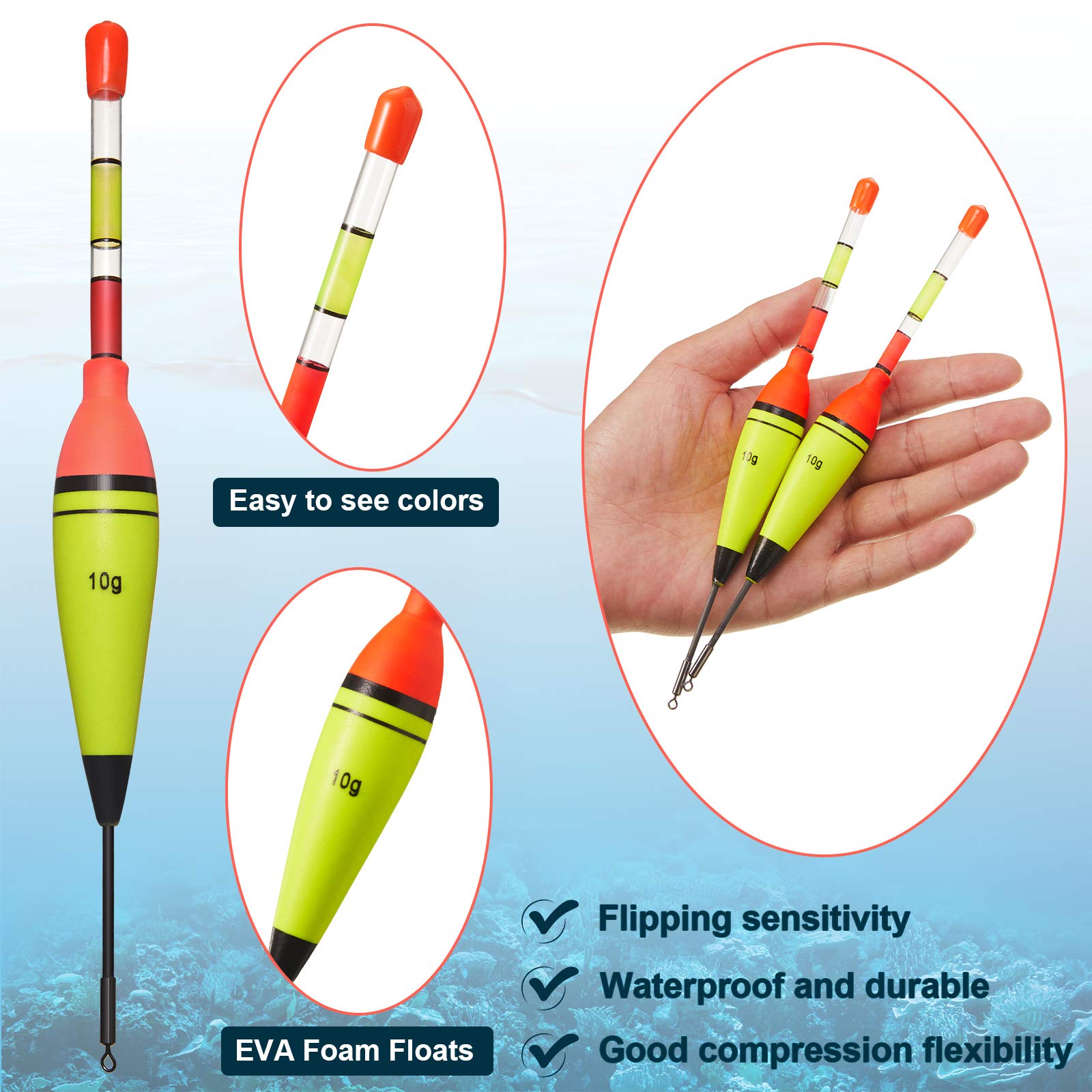 Night fishing setup with glow-tube floats