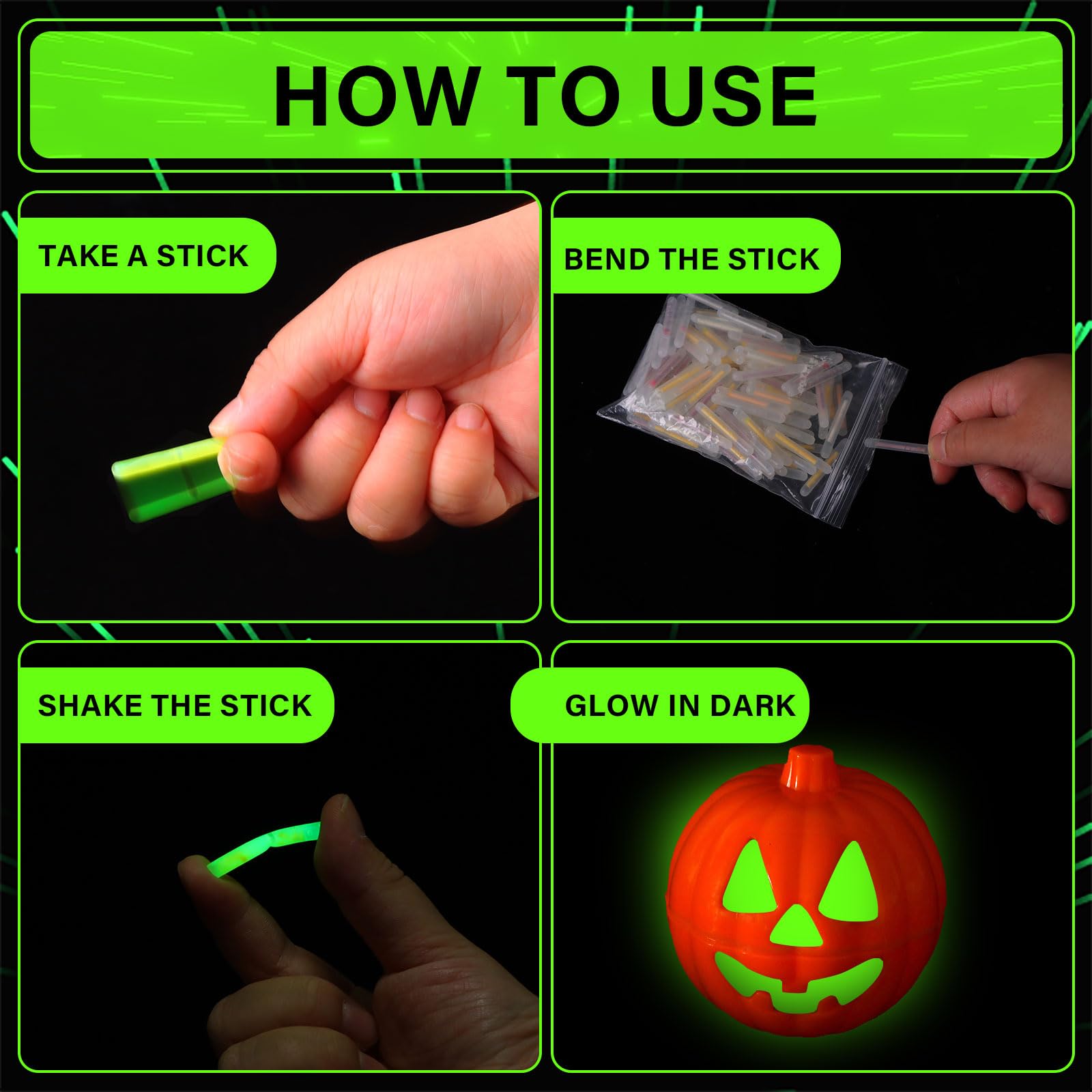 Activated glow sticks glowing brightly in the dark
