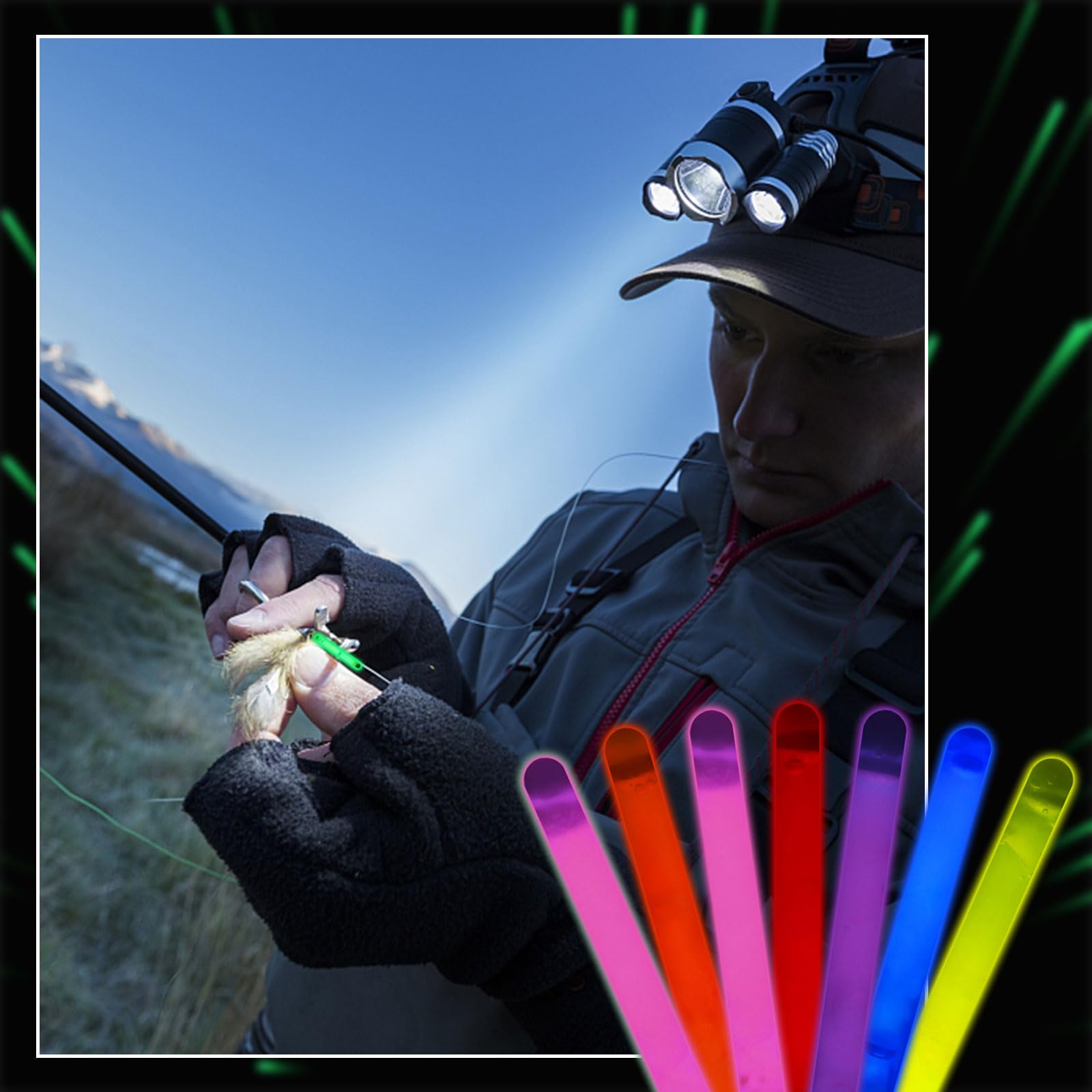 Glow sticks used as night fishing lights by water