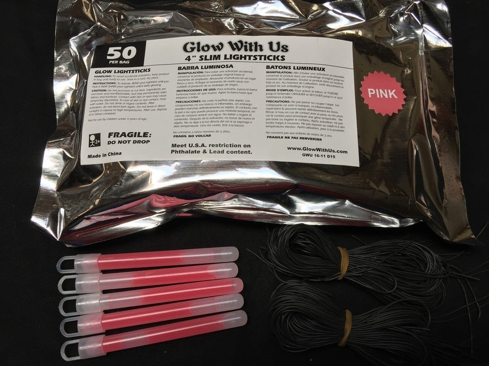 Glow With Us 4in glow sticks emit long-lasting pink glow for night events.