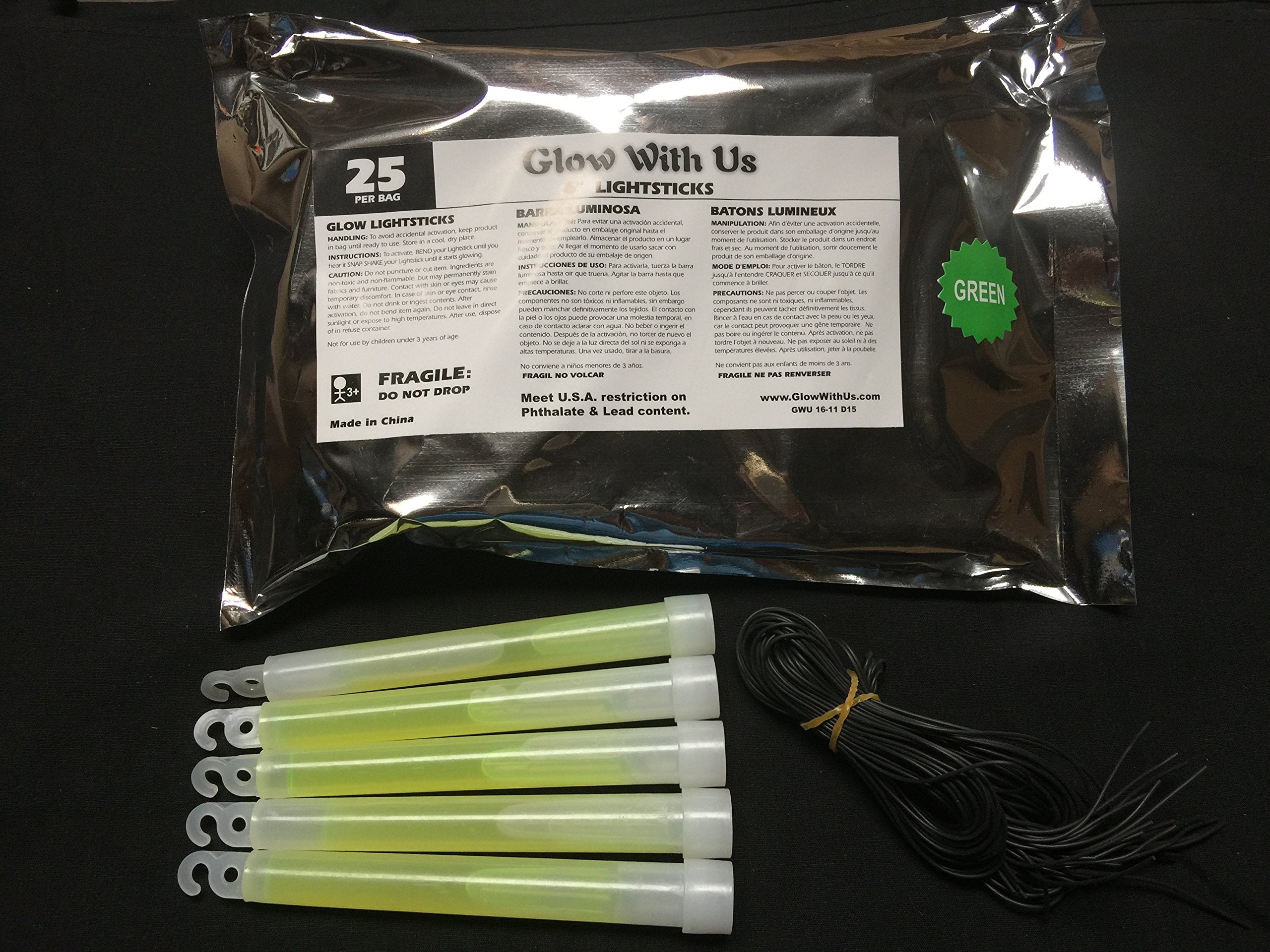 Glow With Us foil bag packaging keeps 6-inch glow sticks fresh and ready.