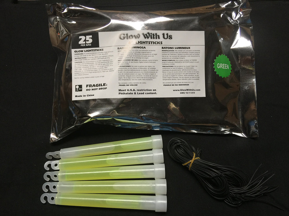 Glow With Us foil bag packaging keeps 6-inch glow sticks fresh and ready.