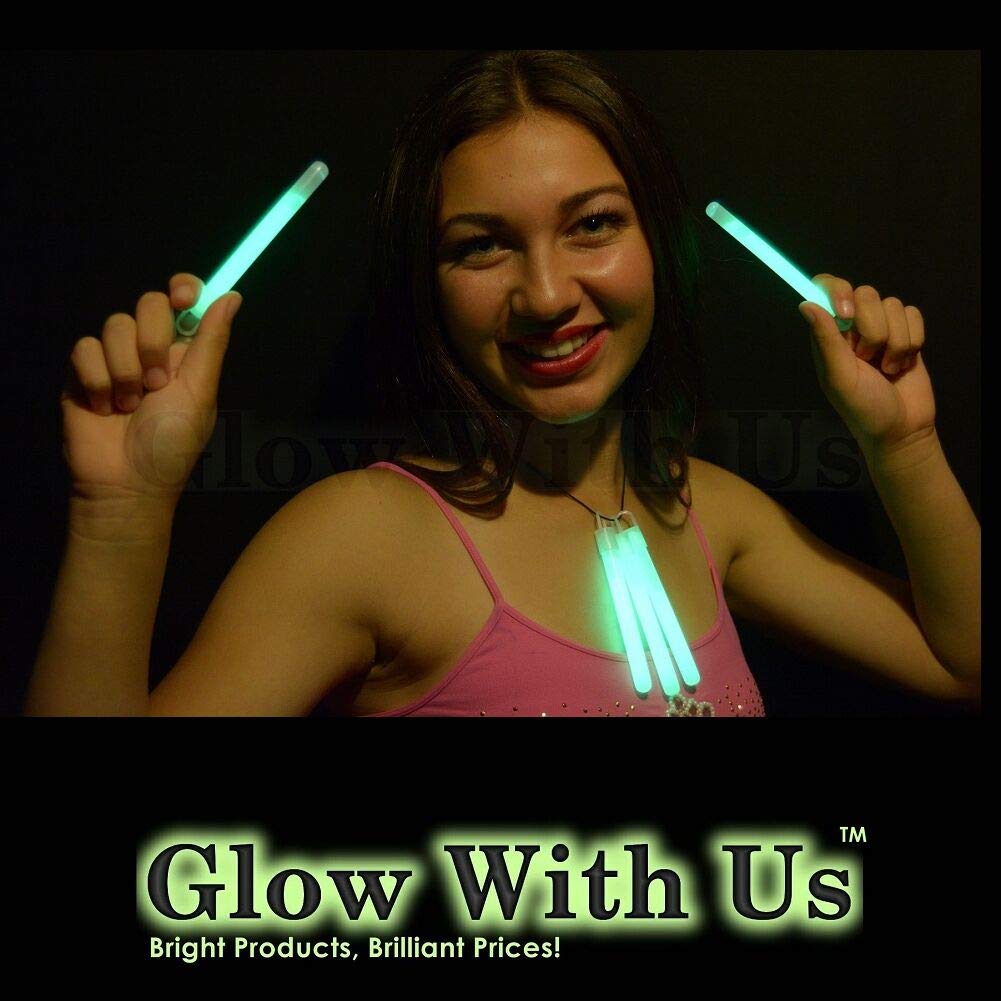 Glow With Us green glow stick closeup shows bright glow for night events.