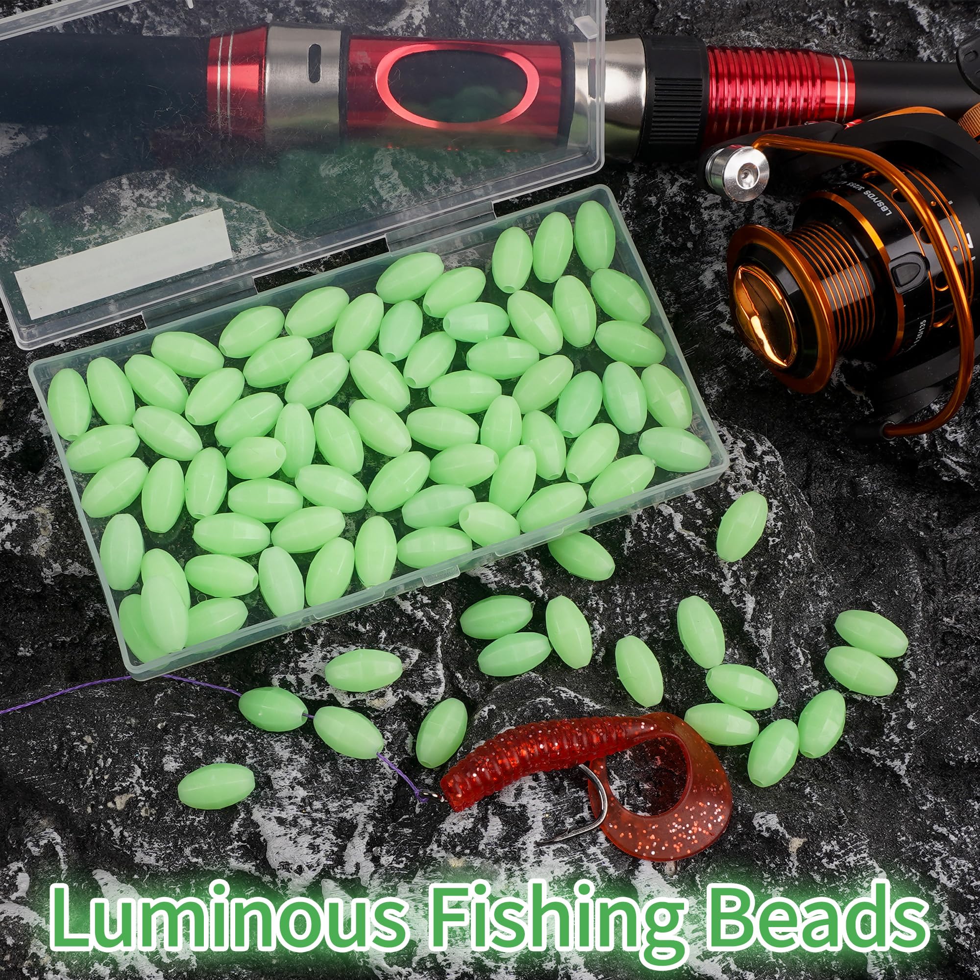 Fishing rig showing glow beads in use