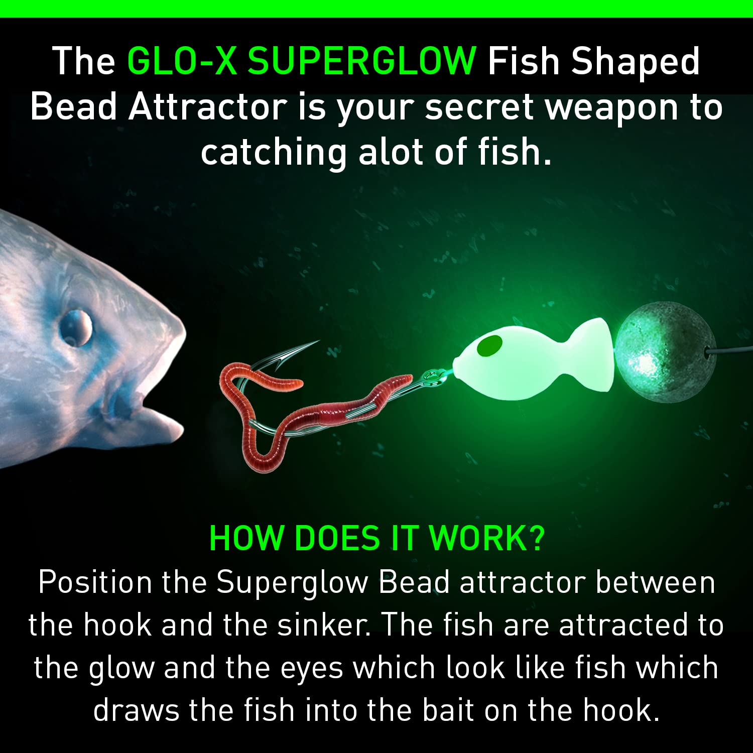 Close-up of fish-shaped glow bead showing eyes