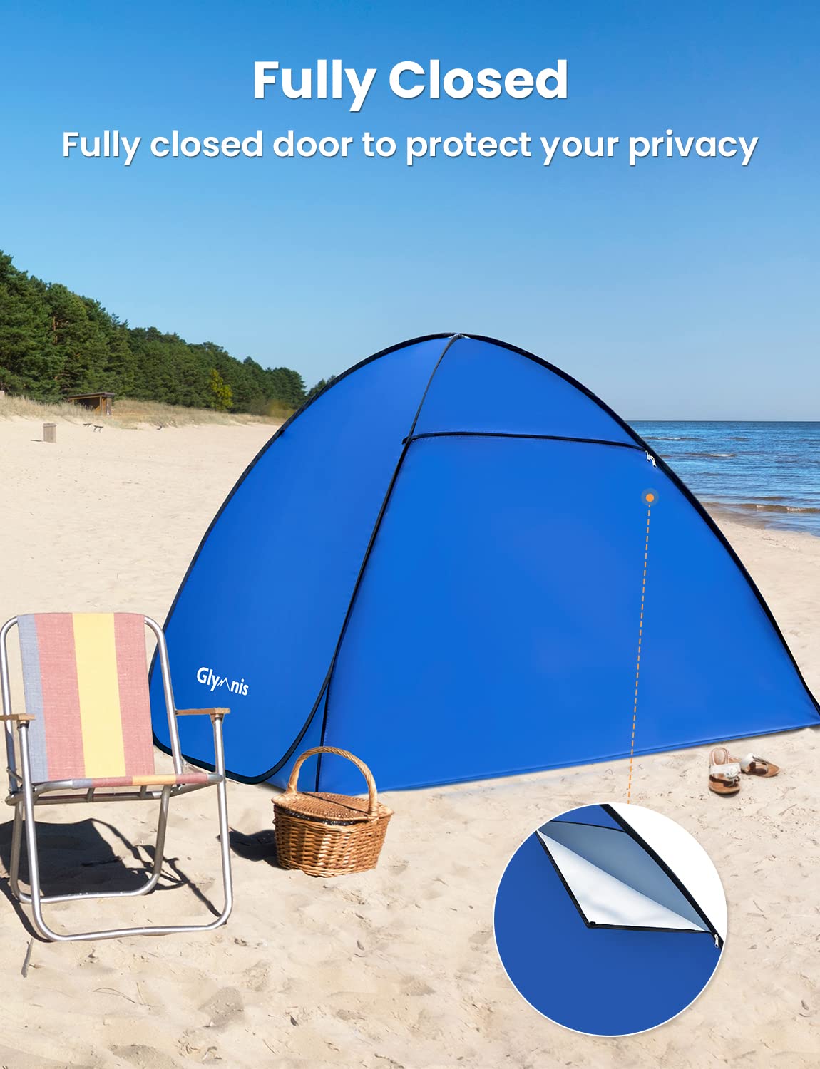 Glymnis Pop Up Beach Tent changing room with zipper door.