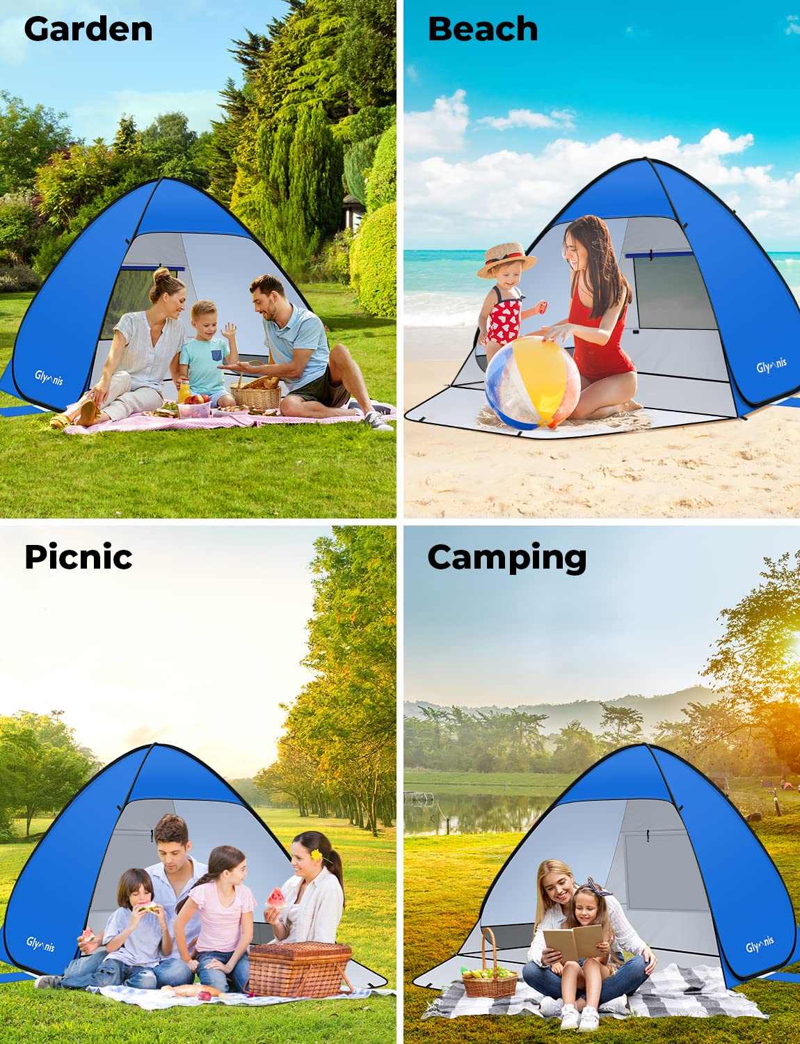Glymnis Pop Up Beach Tent family-friendly beach day scene.