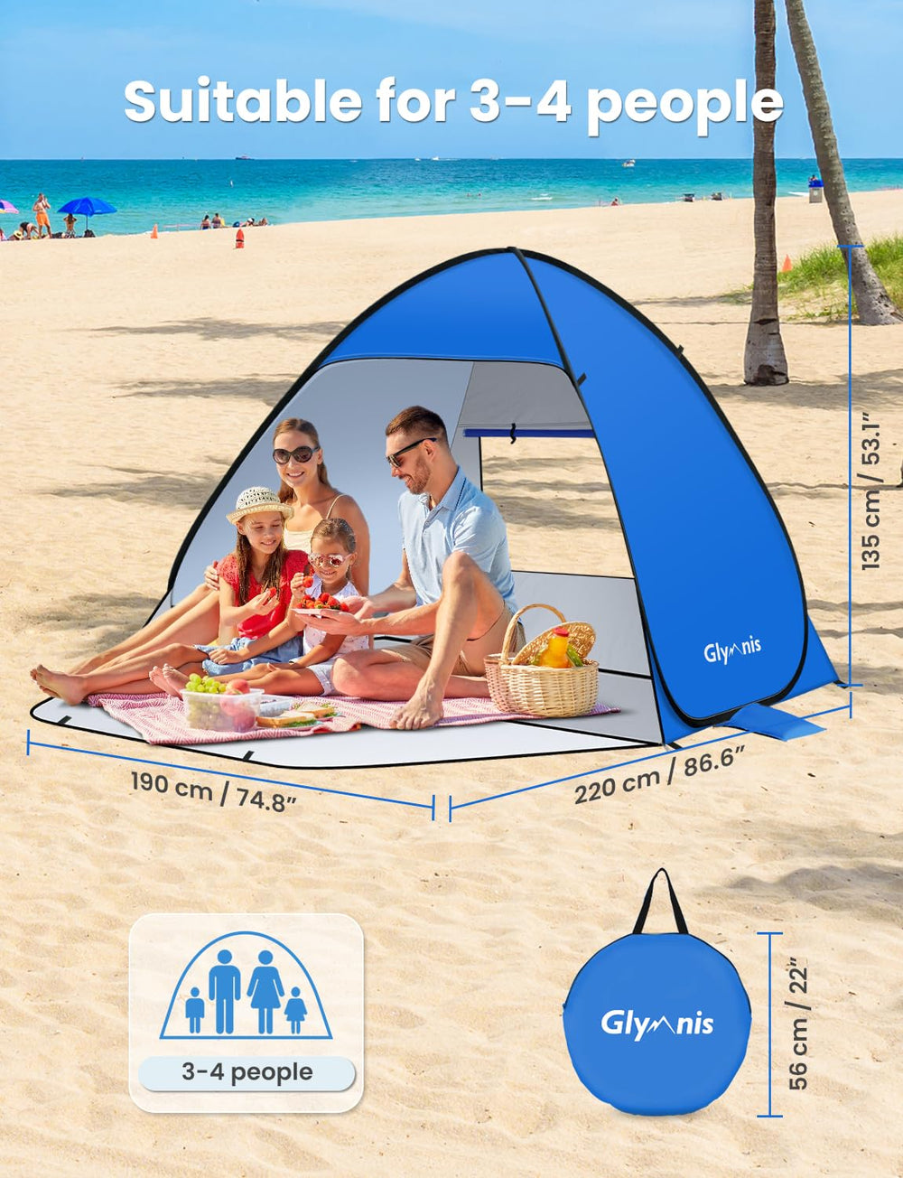 Glymnis Pop Up Beach Tent in sun demonstrates UPF 50+ sun protection.