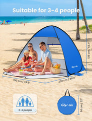 Glymnis Pop Up Beach Tent in sun demonstrates UPF 50+ sun protection.