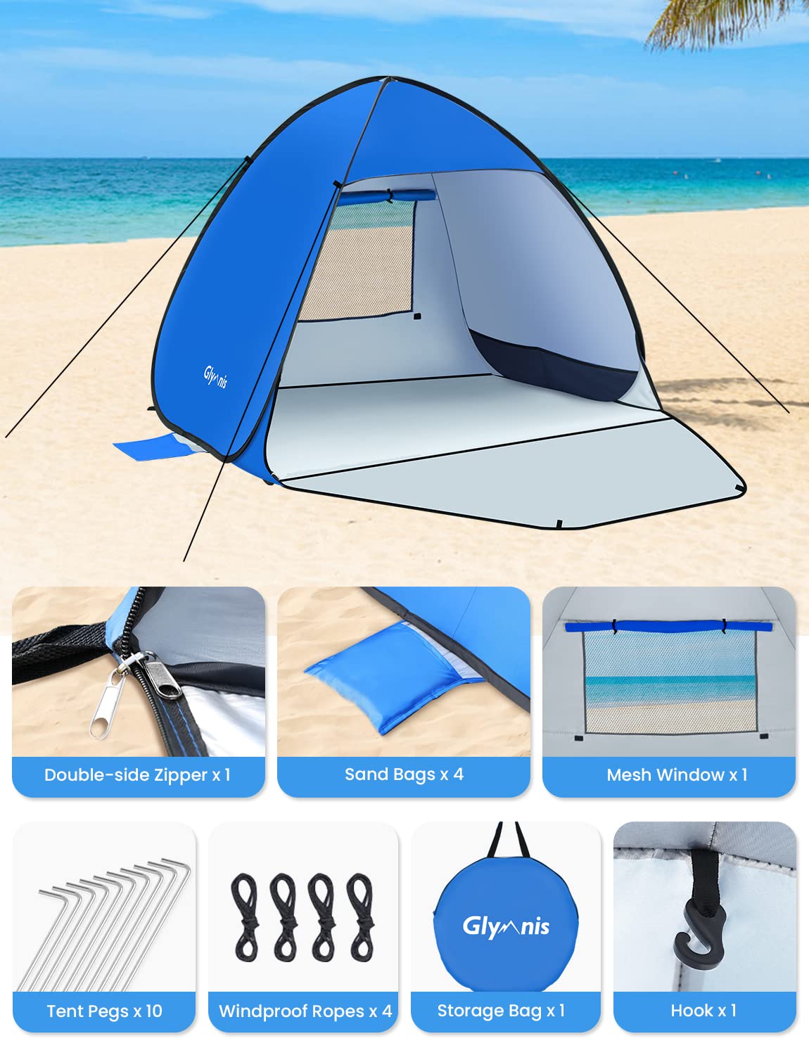 Glymnis Pop Up Beach Tent compact folded size for travel.