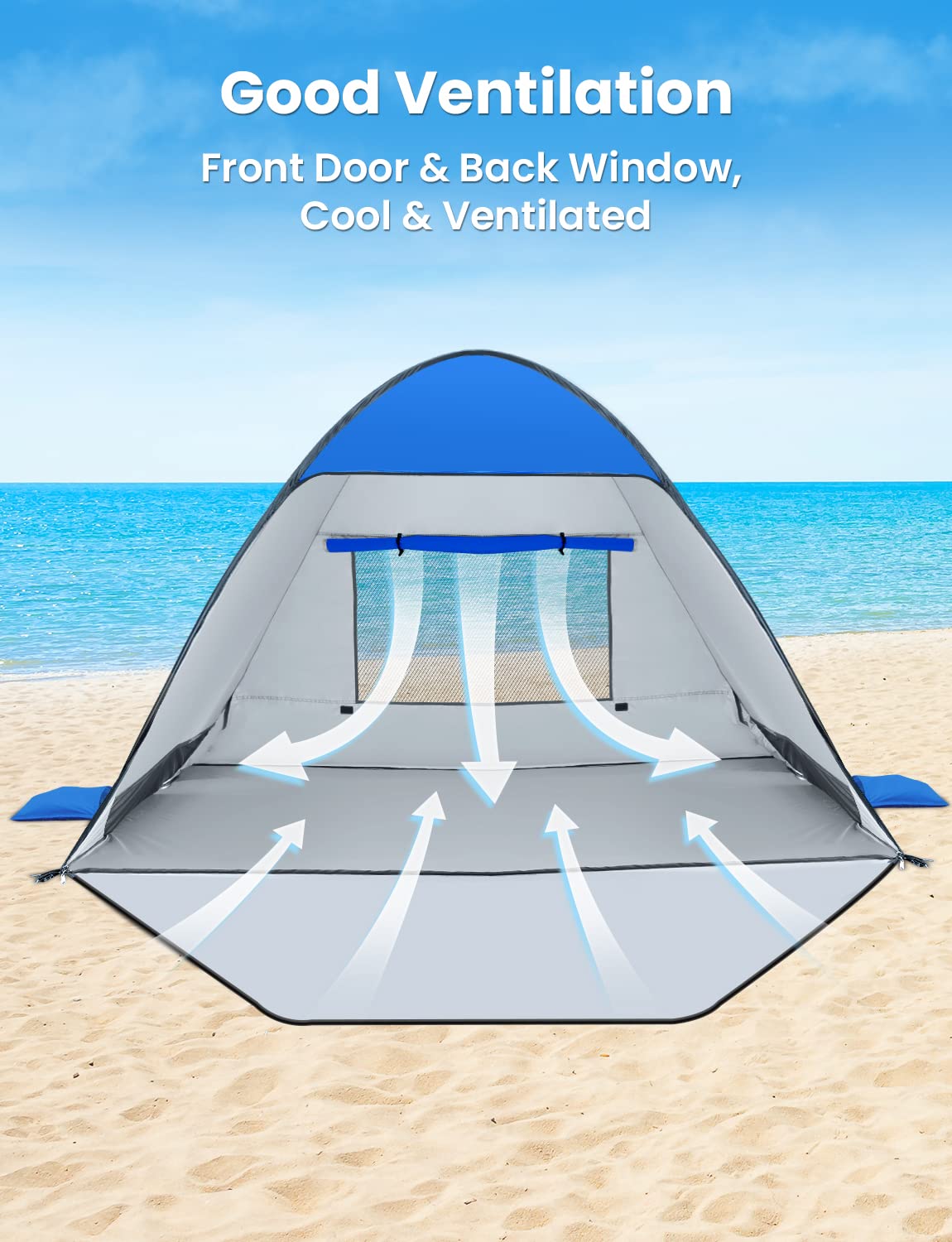 Glymnis Pop Up Beach Tent windproof poles and pegs enable stable shade.