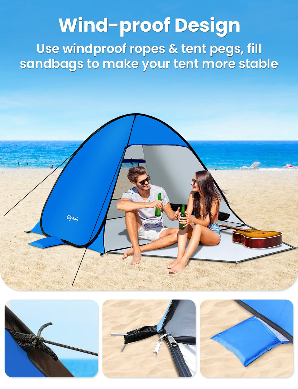 Glymnis Pop Up Beach Tent zipper door for private changing.