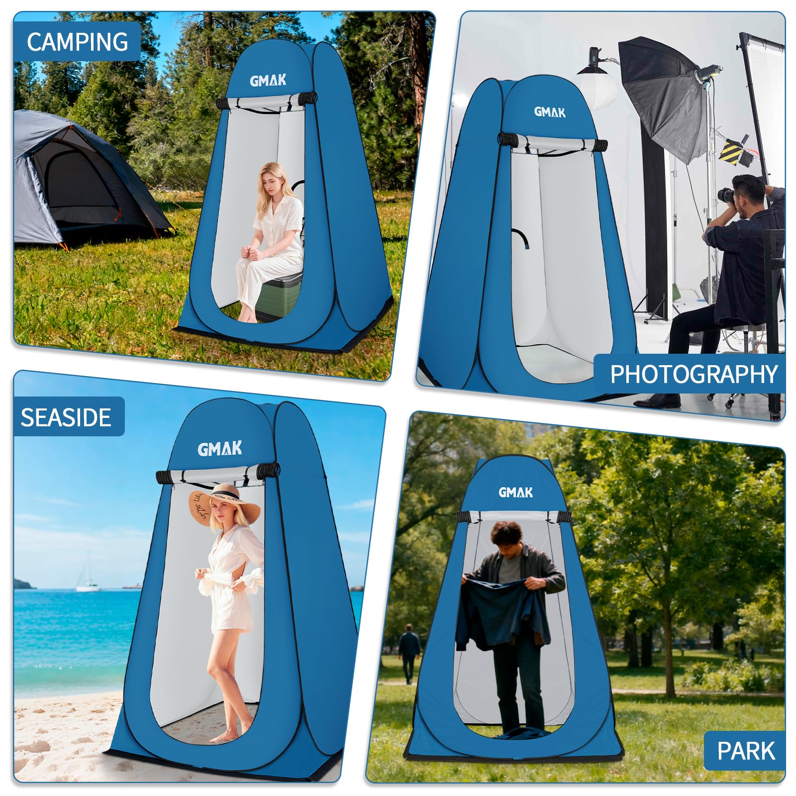 GMAK blue privacy tent folds compactly into portable carry bag