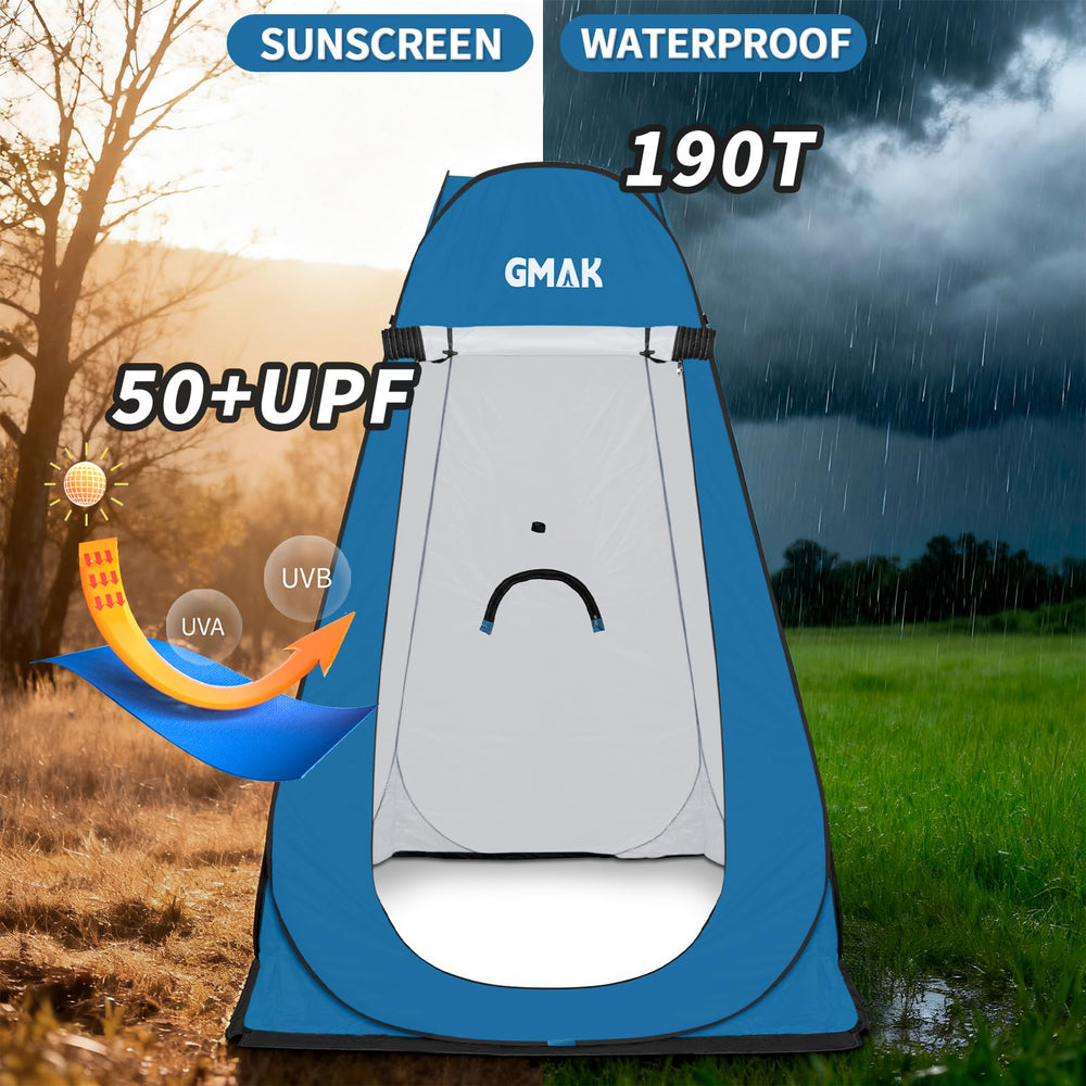 GMAK blue tent with silver coating blocks sun while staying private