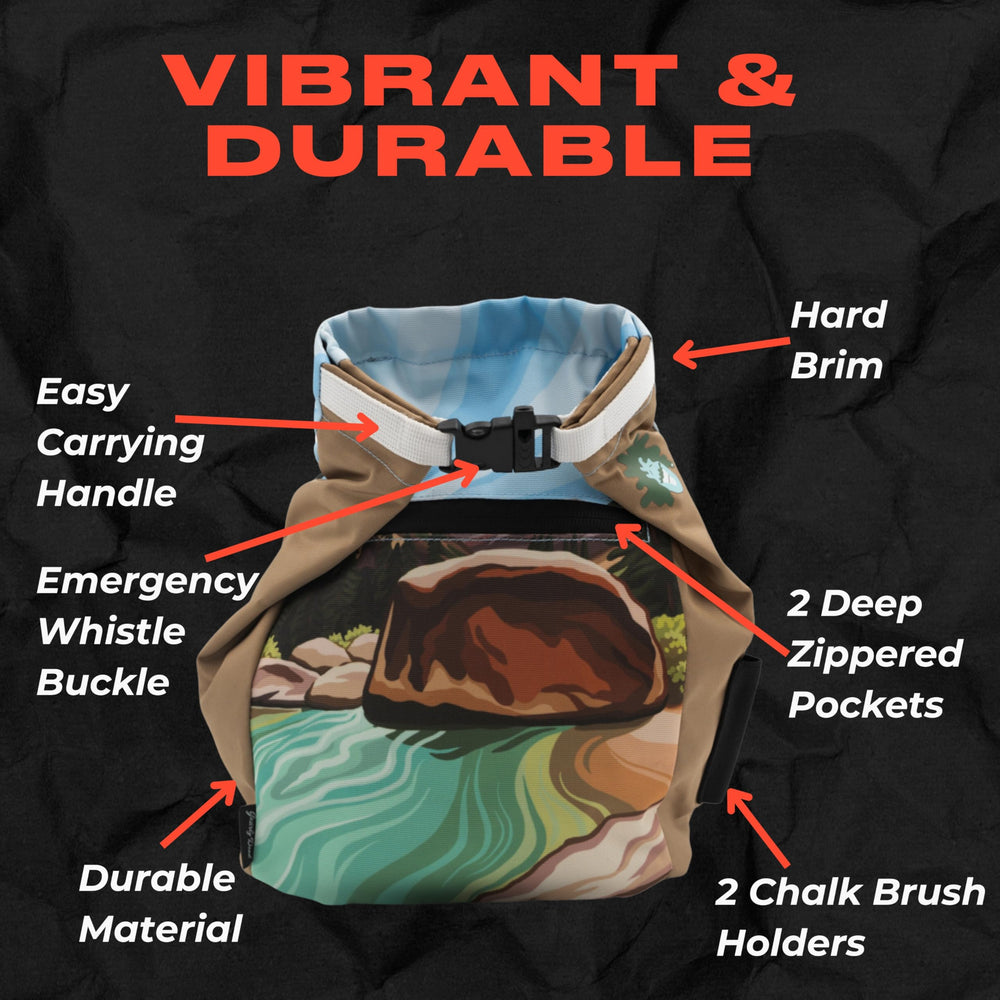 Gnarly Dood Joe's Valley chalk bucket with hook-and-loop closure enabling clean chalk flow
