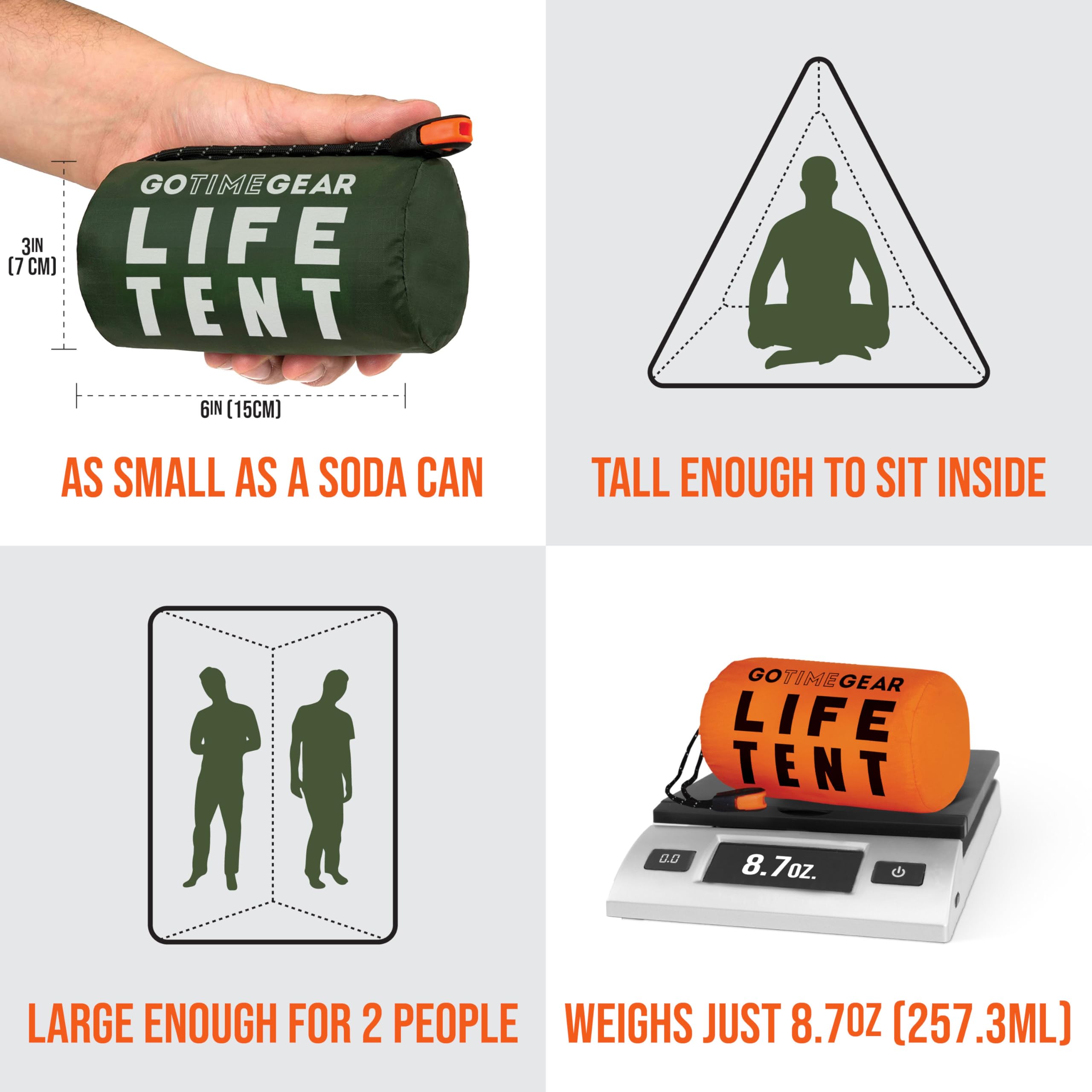 Go Time Gear Survival Tent emergency whistle helps summon aid in rugged conditions.