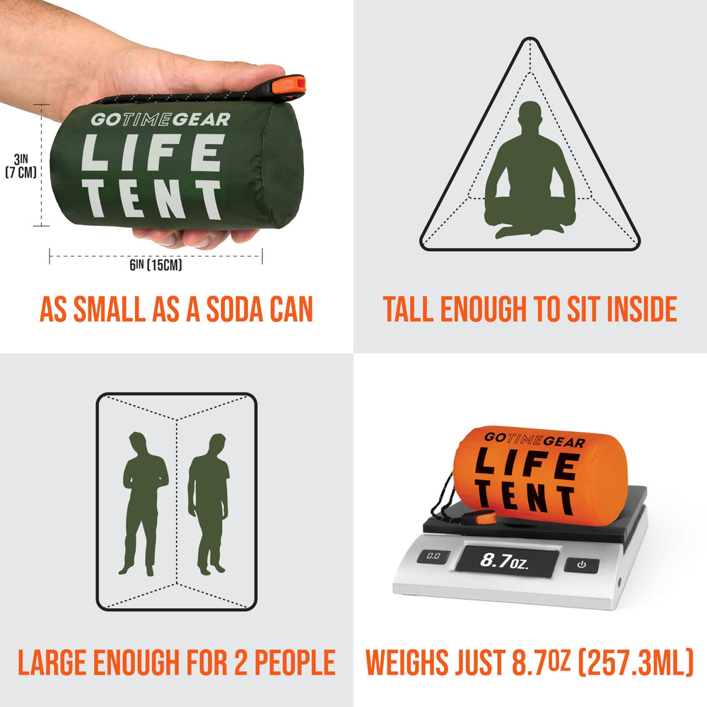 Go Time Gear Survival Tent emergency whistle helps summon aid in rugged conditions.
