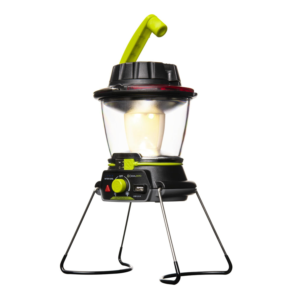 Goal Zero Lighthouse 600 camping lantern in use, adjustable light for tents and sites.