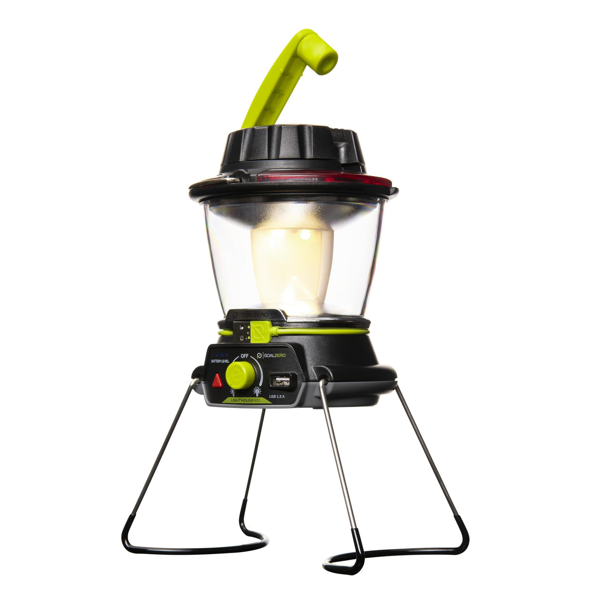 Goal Zero Lighthouse 600 camping lantern in use, adjustable light for tents and sites.