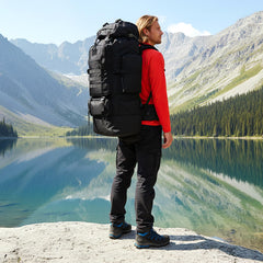 Goaste 100L backpack side view highlights MOLLE attachment for modular gear.