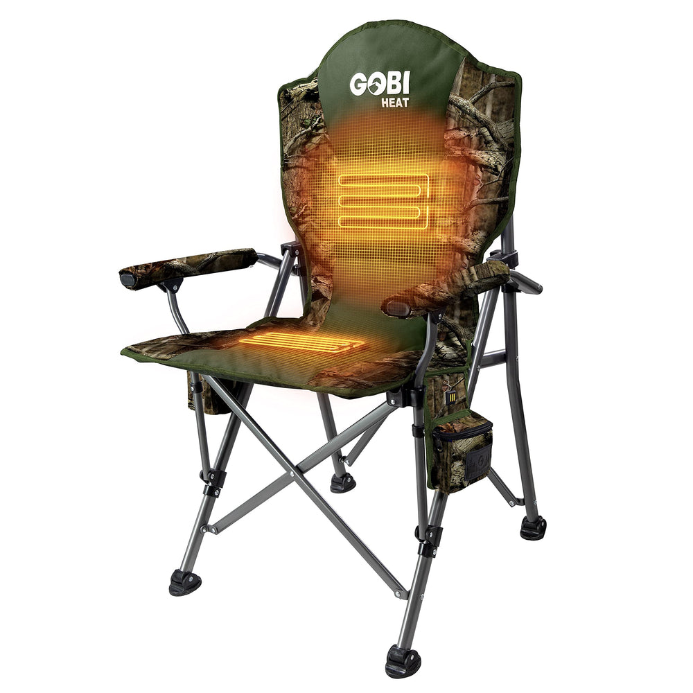 Gobi Heat Terrain folded chair in Mossy Oak camo for easy transport.