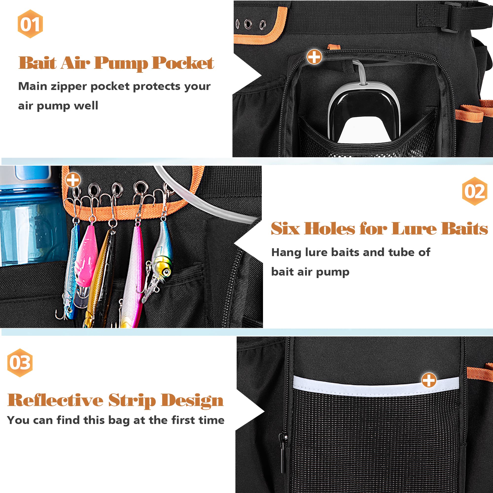 Side pockets for small tackle box, gloves, keys, wallet, and phone