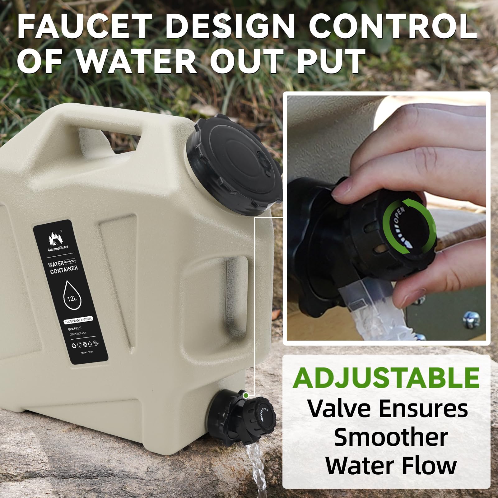 GoCampDirect water container with leak-proof spigot and seals for spill-safe outdoor use