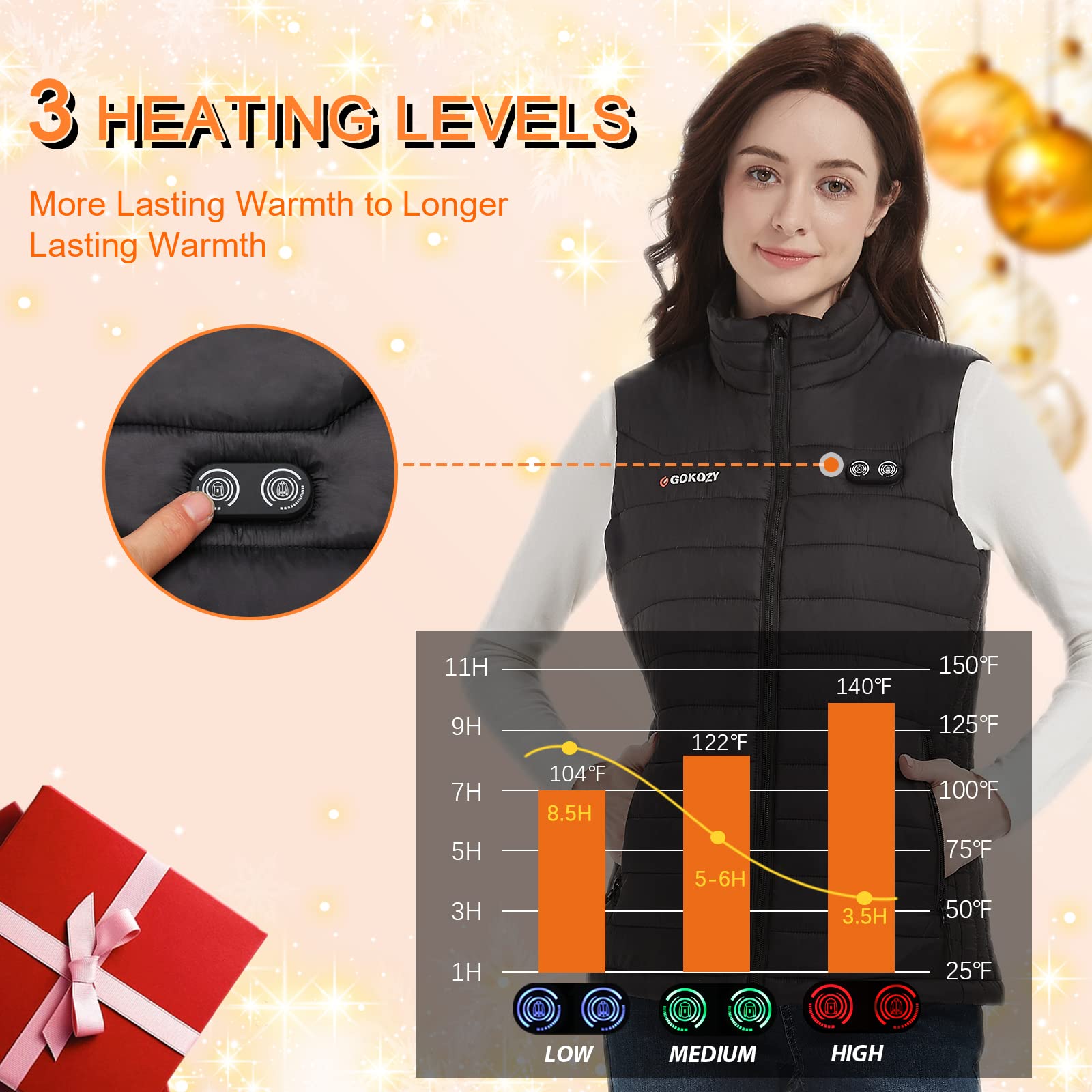 Gokozy heated vest temperature-control shows 7 settings for personalized comfort.
