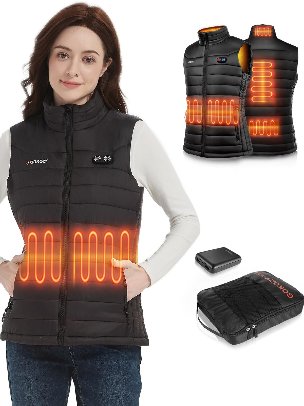 Gokozy heated vest front view showing chest heating zones for warmth on the go.