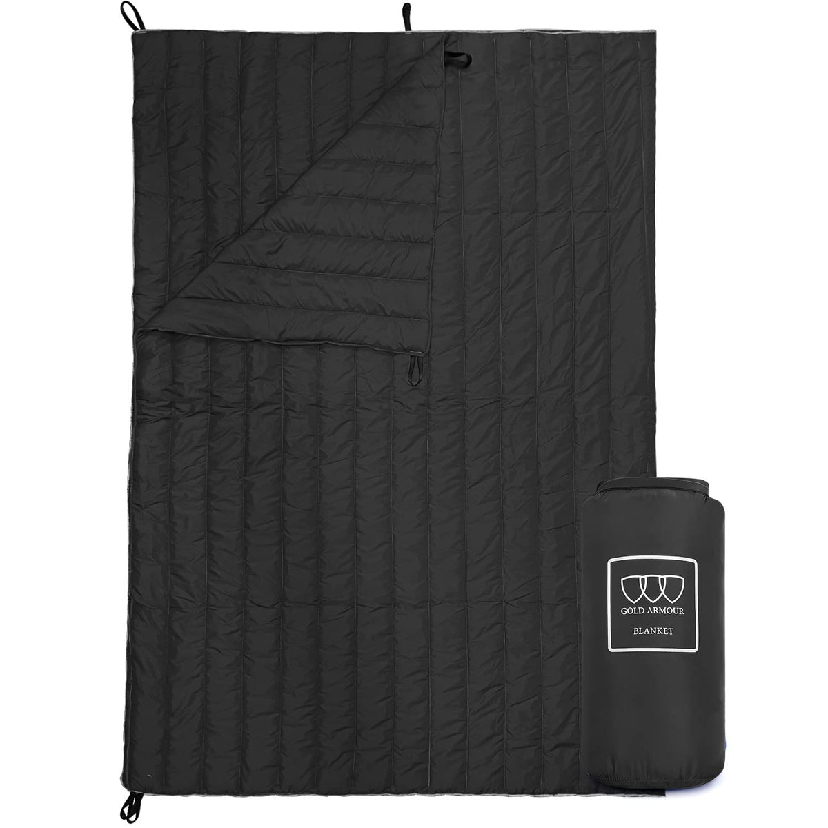 Gold Armour camping blanket with 20D ripstop nylon and DWR for durable outdoor use.
