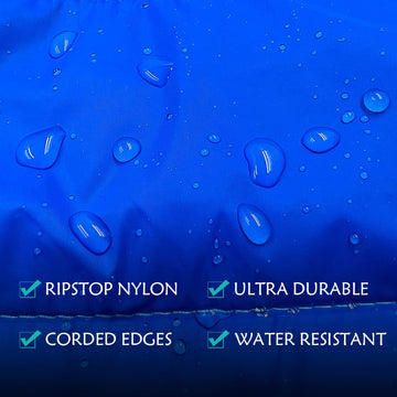 Gold Armour camping blanket blue worn as a poncho with cape clip for hands-free warmth.