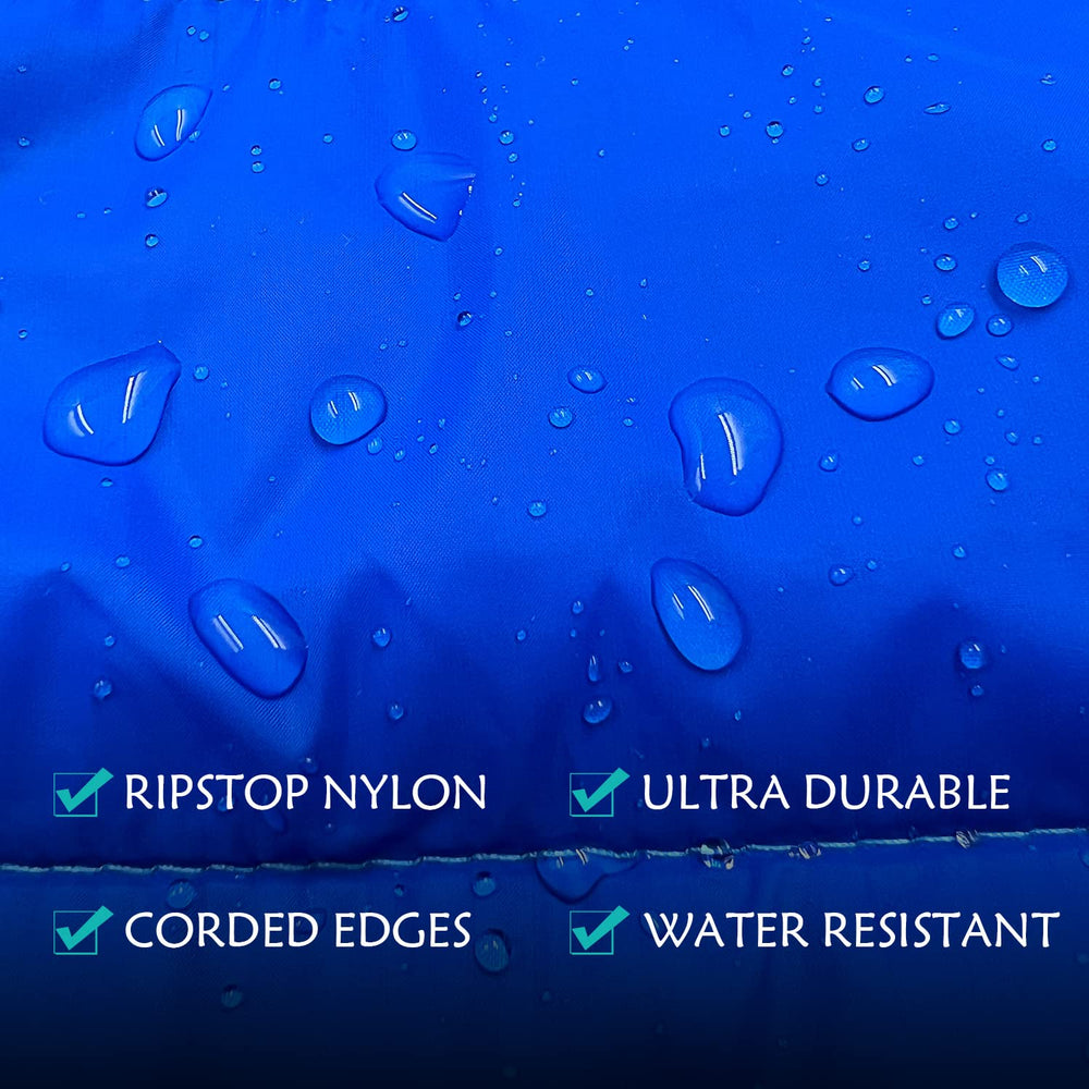 Gold Armour camping blanket blue worn as a poncho with cape clip for hands-free warmth.
