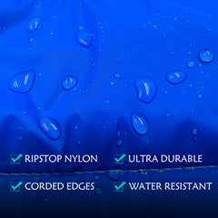 Gold Armour camping blanket blue worn as a poncho with cape clip for hands-free warmth.
