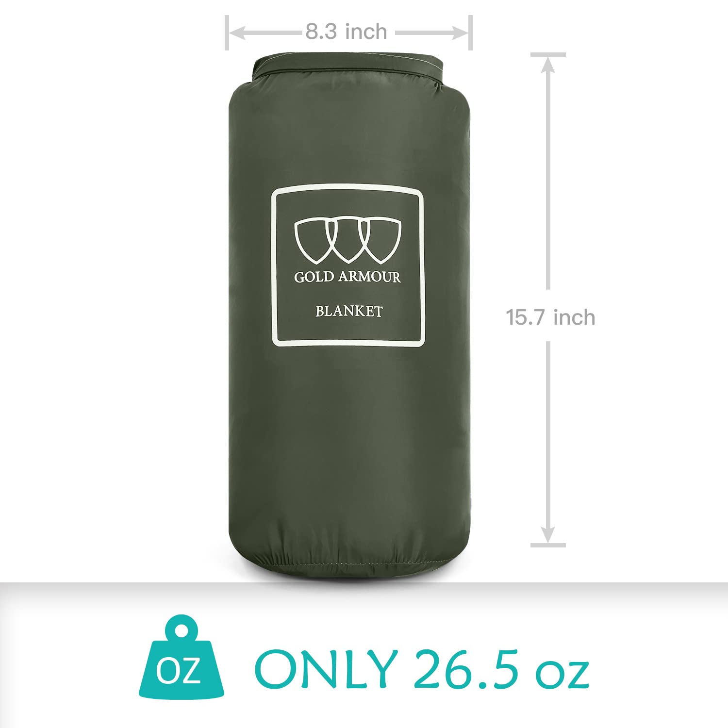 Gold Armour blanket uses 20D nylon with DWR coating for weather resistance.