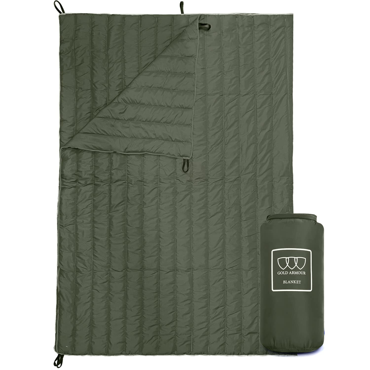 Gold Armour olive green camping blanket folded compactly for travel and storage.